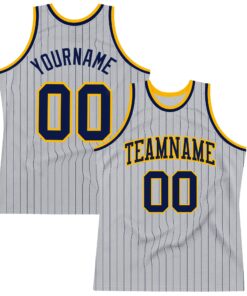 Custom Gray Navy Pinstripe Navy-Gold Authentic Basketball Jersey