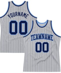 Custom Gray Navy Pinstripe Navy-Light Blue Authentic Basketball Jersey