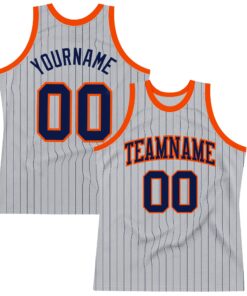 Custom Gray Navy Pinstripe Navy-Orange Authentic Basketball Jersey