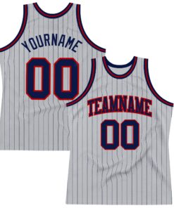 Custom Gray Navy Pinstripe Navy-Red Authentic Basketball Jersey