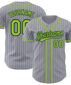 Custom Gray Navy Pinstripe Neon Green Authentic Baseball Jersey