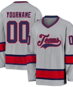Custom Gray Navy-Red Hockey Jersey