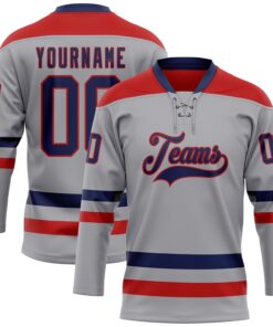 Custom Gray Navy-Red Hockey Lace Neck Jersey