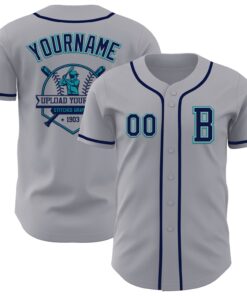 Custom Gray Navy-Teal Authentic Baseball Jersey