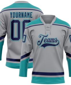 Custom Gray Navy-Teal Hockey Lace Neck Jersey