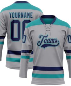 Custom Gray Navy-Teal Hockey Lace Neck Jersey