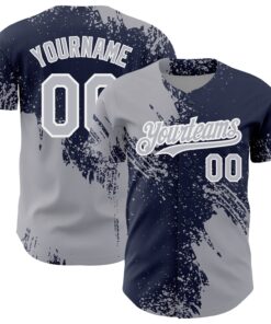 Custom Gray Navy-White 3D Pattern Design Abstract Brush Stroke Authentic Baseball Jersey