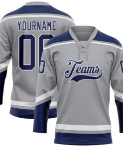 Custom Gray Navy-White Hockey Lace Neck Jersey