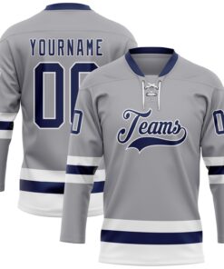 Custom Gray Navy-White Hockey Lace Neck Jersey
