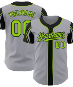 Custom Gray Neon Green-Black 3 Colors Arm Shapes Authentic Baseball Jersey