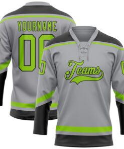 Custom Gray Neon Green-Black Hockey Lace Neck Jersey