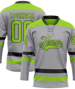 Custom Gray Neon Green-Black Hockey Lace Neck Jersey