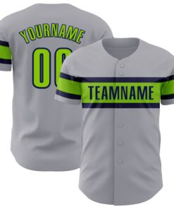 Custom Gray Neon Green-Navy Authentic Baseball Jersey