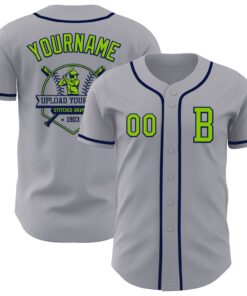 Custom Gray Neon Green-Navy Authentic Baseball Jersey