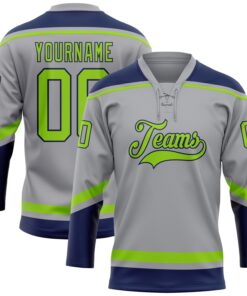 Custom Gray Neon Green-Navy Hockey Lace Neck Jersey