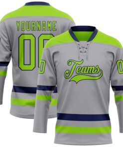 Custom Gray Neon Green-Navy Hockey Lace Neck Jersey