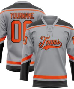 Custom Gray Orange-Black Hockey Lace Neck Jersey