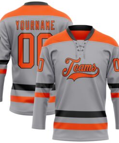 Custom Gray Orange-Black Hockey Lace Neck Jersey