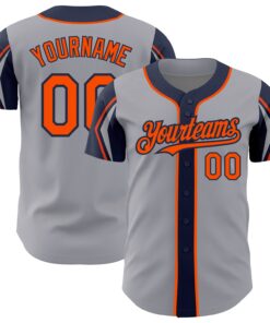 Custom Gray Orange-Navy 3 Colors Arm Shapes Authentic Baseball Jersey