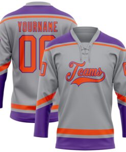 Custom Gray Orange-Purple Hockey Lace Neck Jersey