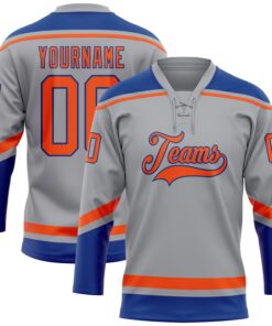 Custom Gray Orange-Royal Hockey Lace Neck Jersey