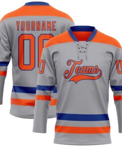 Custom Gray Orange-Royal Hockey Lace Neck Jersey