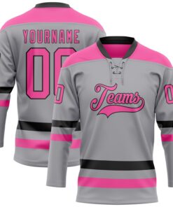 Custom Gray Pink-Black Hockey Lace Neck Jersey