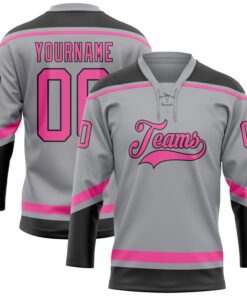 Custom Gray Pink-Black Hockey Lace Neck Jersey