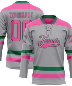 Custom Gray Pink-Kelly Green Hockey Lace Neck Jersey