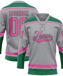 Custom Gray Pink-Kelly Green Hockey Lace Neck Jersey