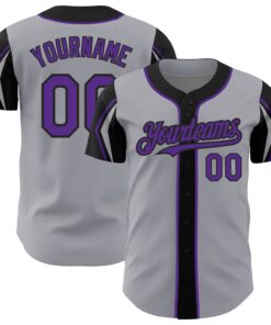 Custom Gray Purple-Black 3 Colors Arm Shapes Authentic Baseball Jersey