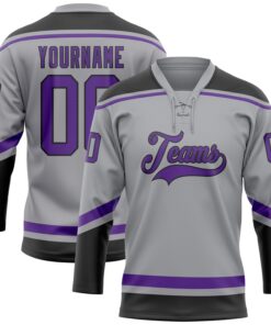 Custom Gray Purple-Black Hockey Lace Neck Jersey