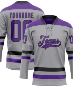 Custom Gray Purple-Black Hockey Lace Neck Jersey