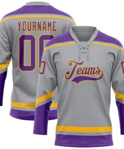Custom Gray Purple-Gold Hockey Lace Neck Jersey