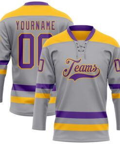 Custom Gray Purple-Gold Hockey Lace Neck Jersey