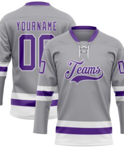 Custom Gray Purple-White Hockey Lace Neck Jersey