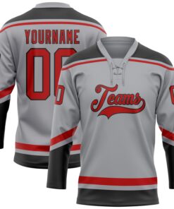 Custom Gray Red-Black Hockey Lace Neck Jersey