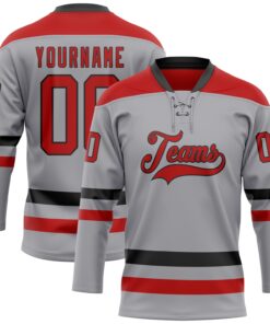 Custom Gray Red-Black Hockey Lace Neck Jersey