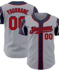 Custom Gray Red-Navy 3 Colors Arm Shapes Authentic Baseball Jersey