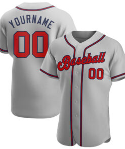 Custom Gray Red-Navy Authentic Baseball Jersey