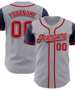Custom Gray Red-Navy Authentic Two Tone Baseball Jersey