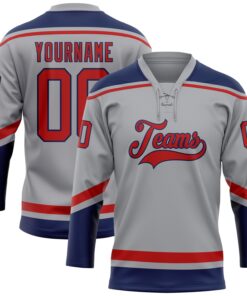 Custom Gray Red-Navy Hockey Lace Neck Jersey