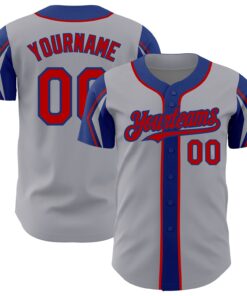 Custom Gray Red-Royal 3 Colors Arm Shapes Authentic Baseball Jersey