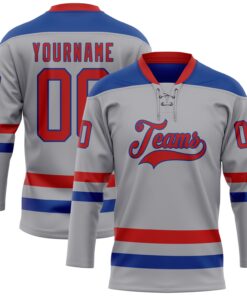 Custom Gray Red-Royal Hockey Lace Neck Jersey
