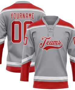 Custom Gray Red-White Hockey Lace Neck Jersey