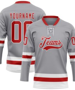 Custom Gray Red-White Hockey Lace Neck Jersey
