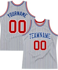 Custom Gray Royal Pinstripe Red-White Authentic Basketball Jersey