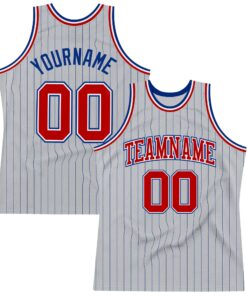 Custom Gray Royal Pinstripe Red-White Authentic Basketball Jersey