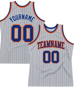 Custom Gray Royal Pinstripe Royal-Orange Authentic Basketball Jersey