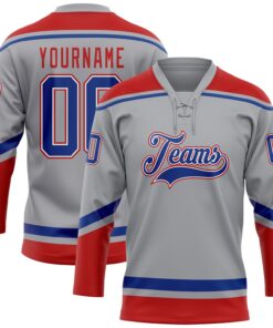 Custom Gray Royal-Red Hockey Lace Neck Jersey